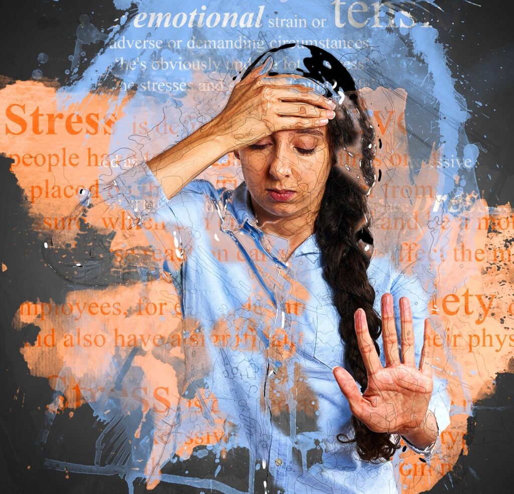 Woman showing signs of stress and anxiety, representing the need for mental health support and recovery