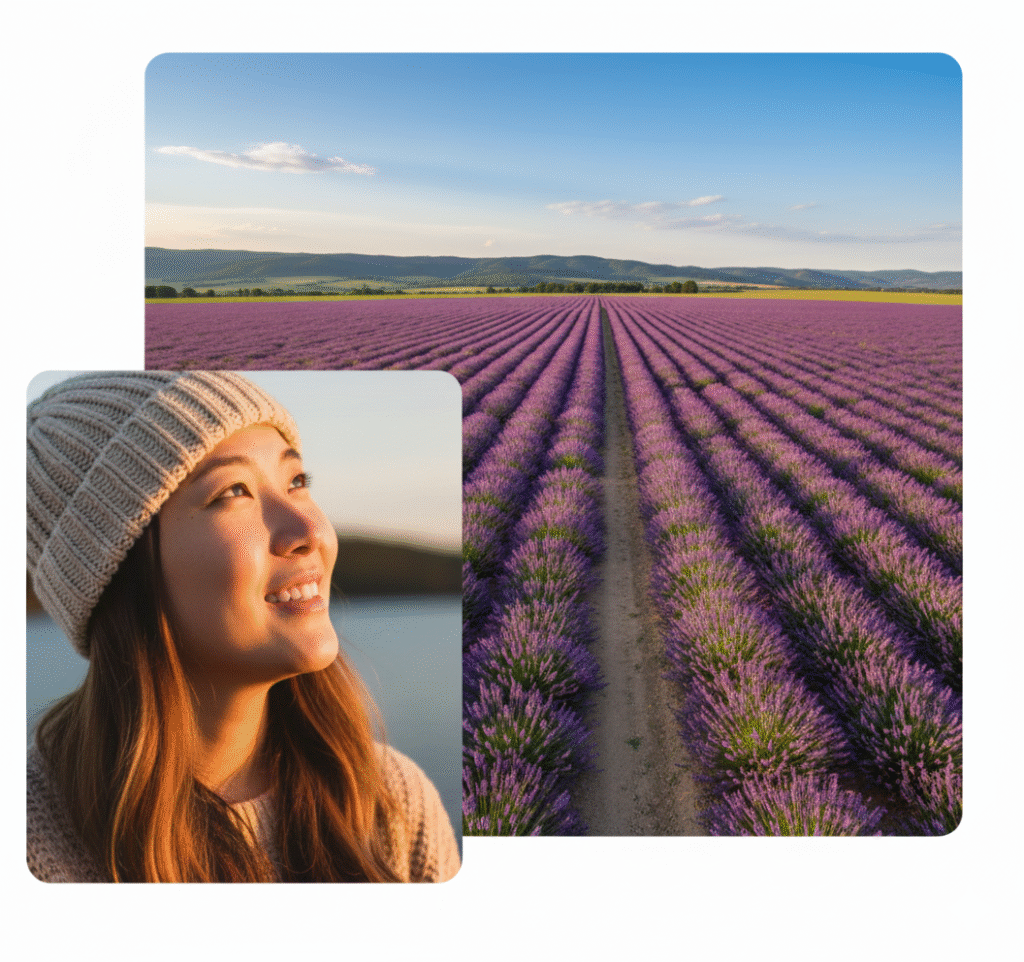 Smiling woman wearing a hat in front of a lavender field, representing hope and recovery