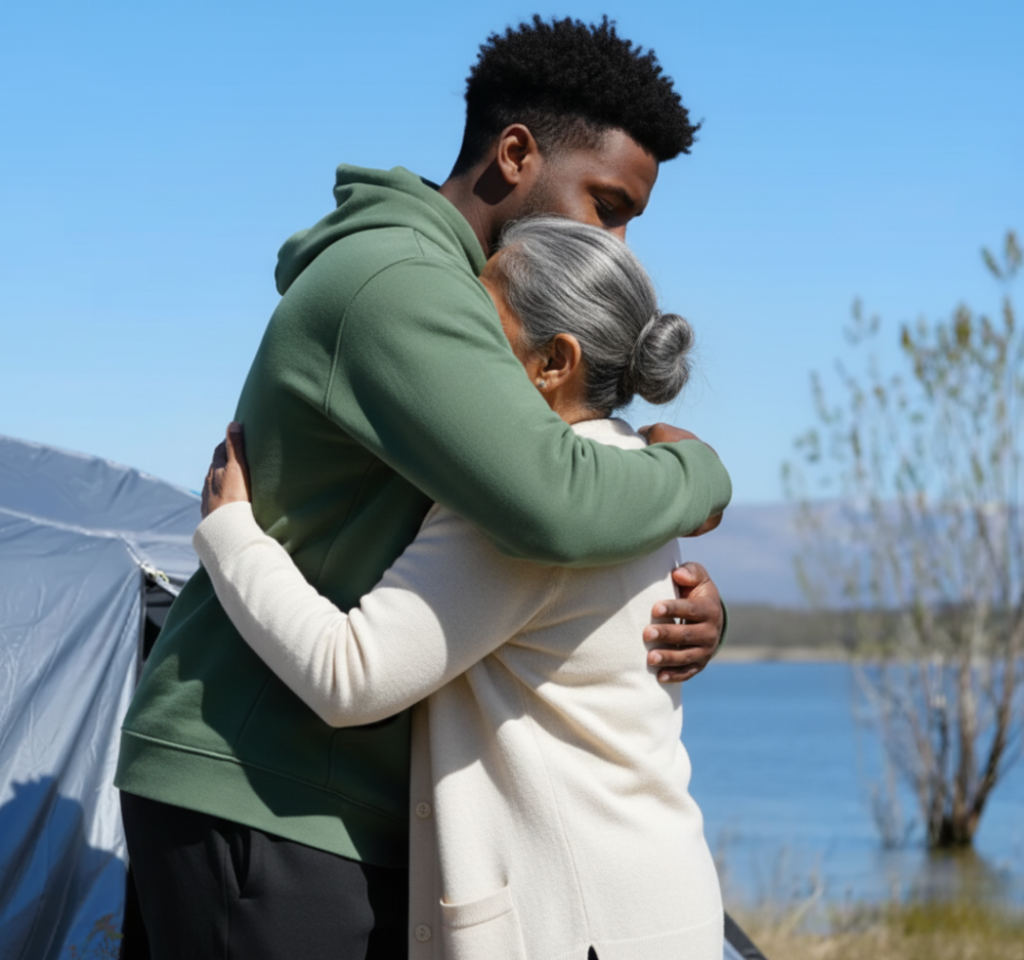 Young man hugging an older woman outdoors, symbolizing support, compassion, and recovery