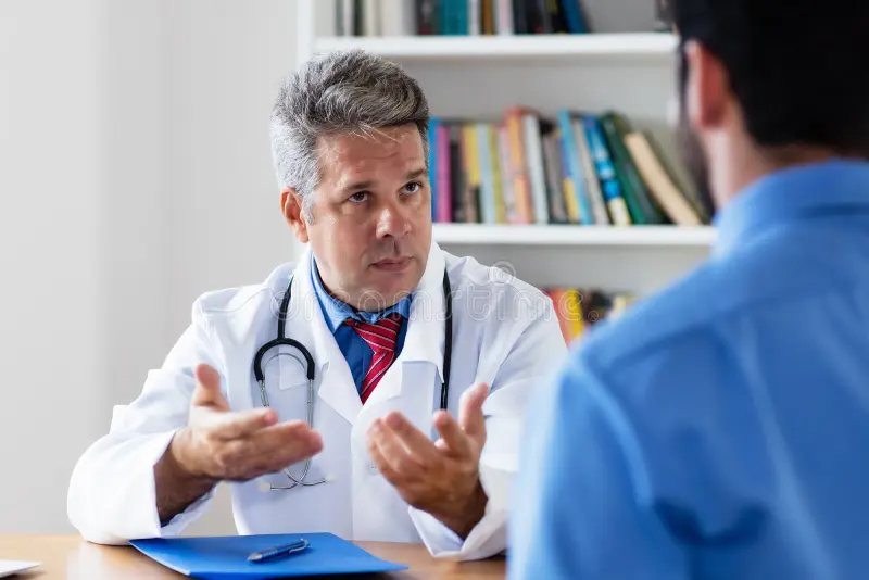mature doctor explaining treatment to patient office